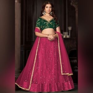 Dark Pink Net Sequins Embroidered Panelled Style Lehenga Choli